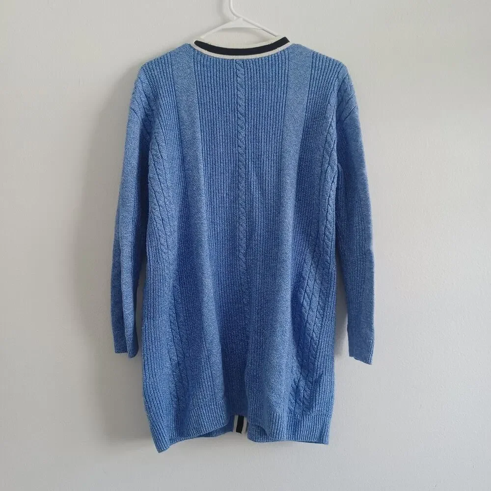 Talbots Cable Knit Cardigan Women M Blue Deep V-Neck Heavyweight Grannycore Cozy